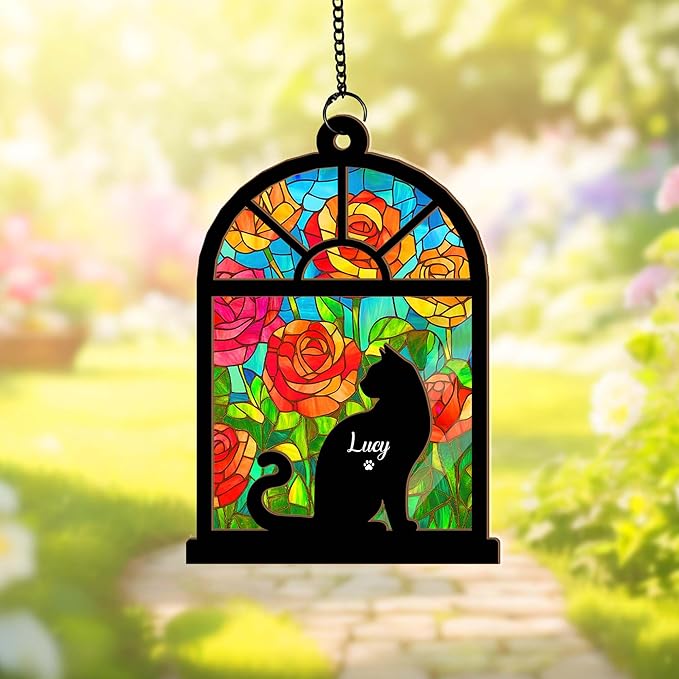 Personalized Cat Memorial Suncatcher – Custom Name & Cat Silhouette with Multiple Background Options, Pet Loss Sympathy Gift, Memorial Keepsake for Cat Lovers (Up to 3 Pets)