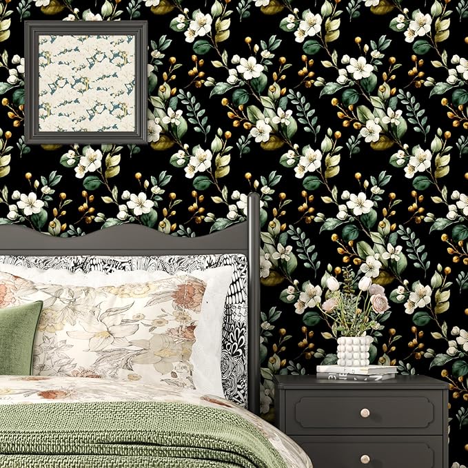 Black Floral Wallpaper Peel and Stick, Vintage Dark Green Leaves