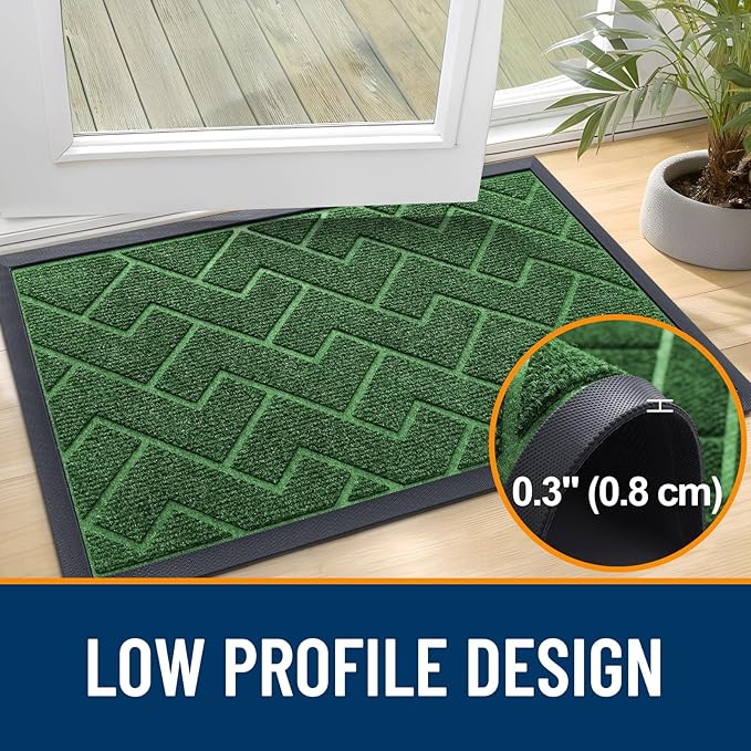 OLANLY Front Door Mat Indoor Outdoor Entrance, Waterproof All-Season, All-Weather Doormat, Sturdy Natural Rubber, Low Profile, Easy Clean Patio Porch Entryway Mat, Herringbone Brick (Green, 29.5x17)