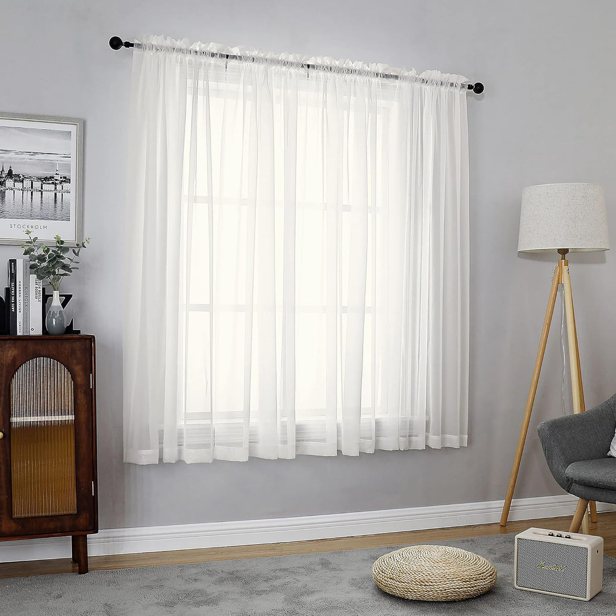Chyhomenyc Ivory Sheer Curtains 54 Inch Length 2 Panels for Kitchen, Light Filtering Voile Rod Pocket Curtains Drapes for Living Room Bedroom Small Windows, 42Wx54L inches