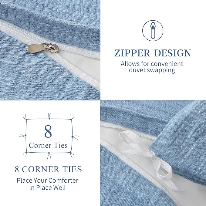 MEISHANG Muslin Duvet Cover King Size - 100% Organic Cotton, Soft Textured Gauze Weave Comforter Cover for Breathable All-Season with Zipper Closure - 3 Piece Set (King, Smoky Blue)
