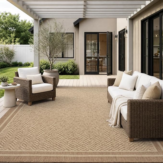 MontVoo-Outdoor Rug-Patio Rug 8x10 Polypropylene Indoor Outdoor Rug Outdoor Carpet for Patio Deck Balcony Porch, Textured Weave, Durable for High Traffic, Fade-Resistant, Boho Farmhouse Neutral Brown