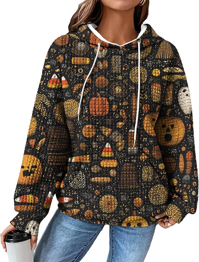 Halloween Sweatshirts for Women Novelty Graphic Drawstring Waffle Hoodies Loose Casual Pullover Tops with Pocket