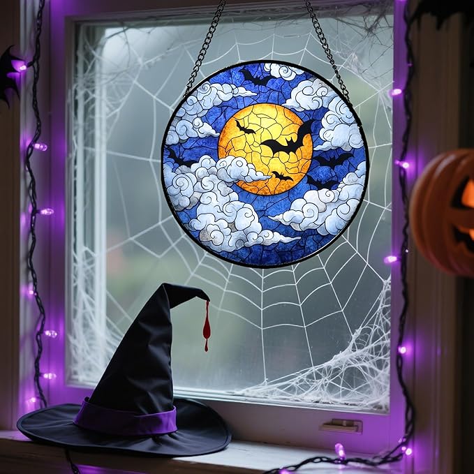 Stained Glass Window Hanging - Halloween Decorations Bats Moon Clouds Suncatcher for Doors Garden Indoor Spooky Funny Sun Catchers Gothic Decor Horror Gifts for Women Men Friend 7.8 in