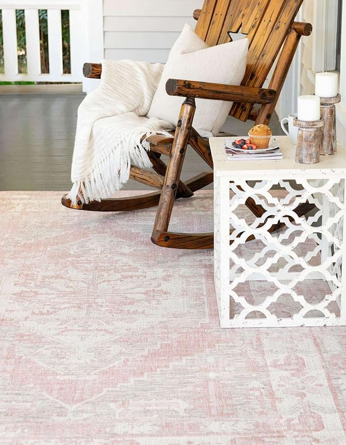 Unique Loom Outdoor Traditional Collection Area Rug - Valeria (10' x 14' 1" Rectangle, Pink/ Ivory)