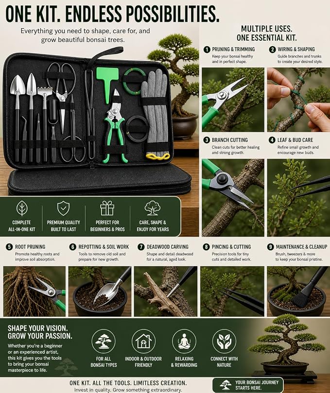 Bonsai Tools Kit 24 PCS for Beginners, Bonsai Tree Kit with PU Leather Bag, Pruning Shears, Scissors, Bonsai Wire, Succulent Repotting Tools, Gardening Gift for Women Men