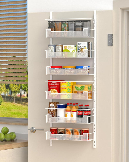 Over the Door Pantry Organizer, 6-Tier Over the Door Organizer with Adjustable Basket, Pantry Door Organization for Pantry Kitchen Storage Room Spice Rack, White