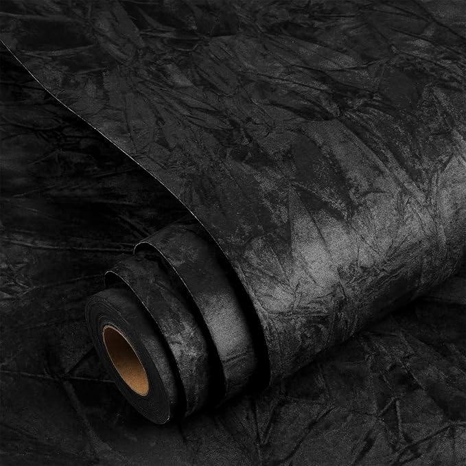 YENHOME Black Velvet Textured Peel and Stick Wallpaper Vintage Crinkle Velvet