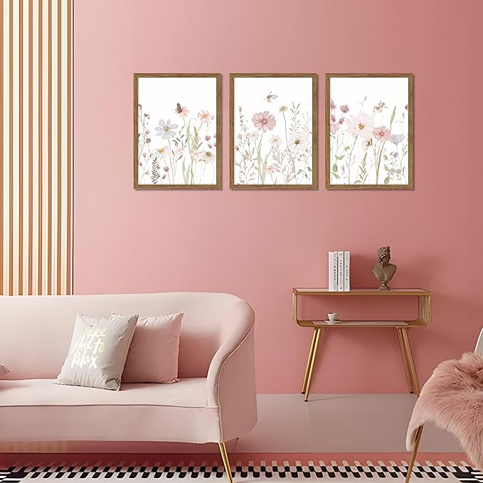 Framed Wildflower Wall Art Set of 3, Vintage Flower Botanical Paintings