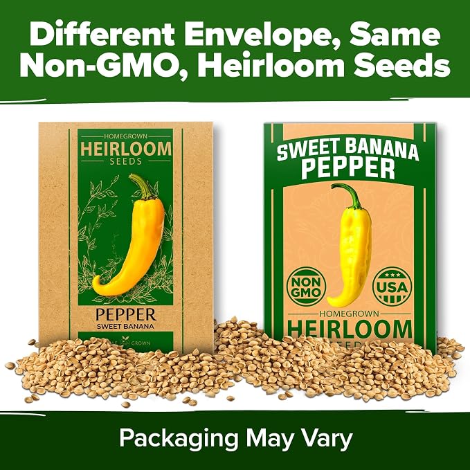 HOME GROWN Sweet Banana Pepper Seeds 188+ Heirloom Non-GMO Seeds for Planting, High Germination, Mild Yellow Sweet Peppers, Prolific Garden Crop, Perfect for Pickling & Salads (Capsicum annuum)