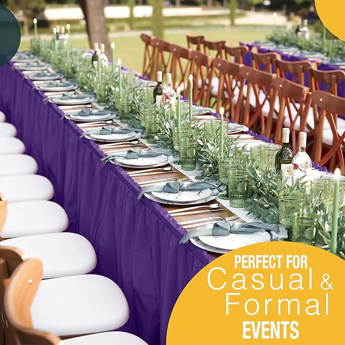 Exquisite Ruffle Table Skirt Purple 48 Pack 14 Ft Long Table Skirts for Rectangle Tables 6ft Plus or Round Tables Skirts with Adhesive Strip for Gender Reveal Decor & Happy Birthday Parties