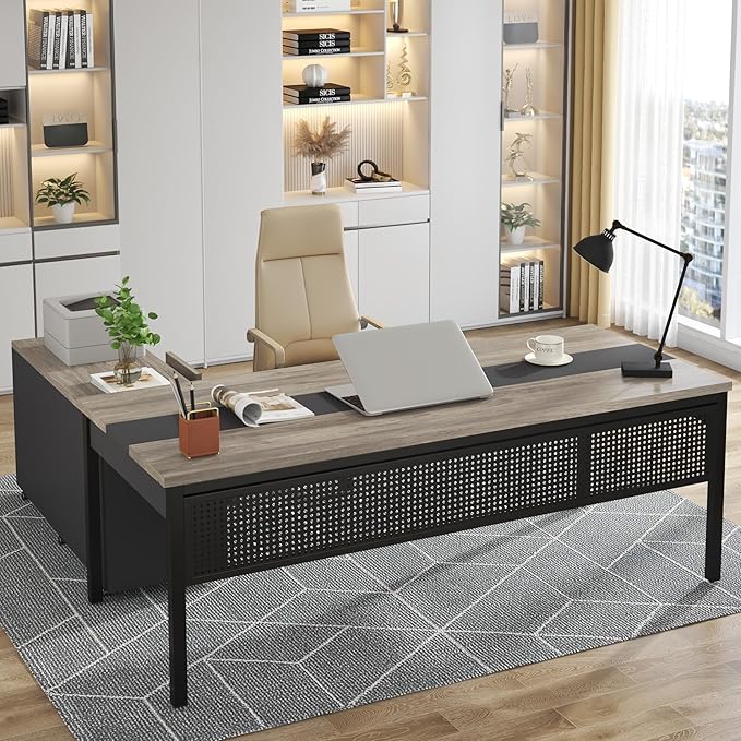Tribesigns 71 inch Executive Desk, L-Shaped Desk with Mobile File Cabinet, Executive Office Table with 2 Drawers and Storage Shelves, Business Furniture Workstation for Home Office, Grey and Black