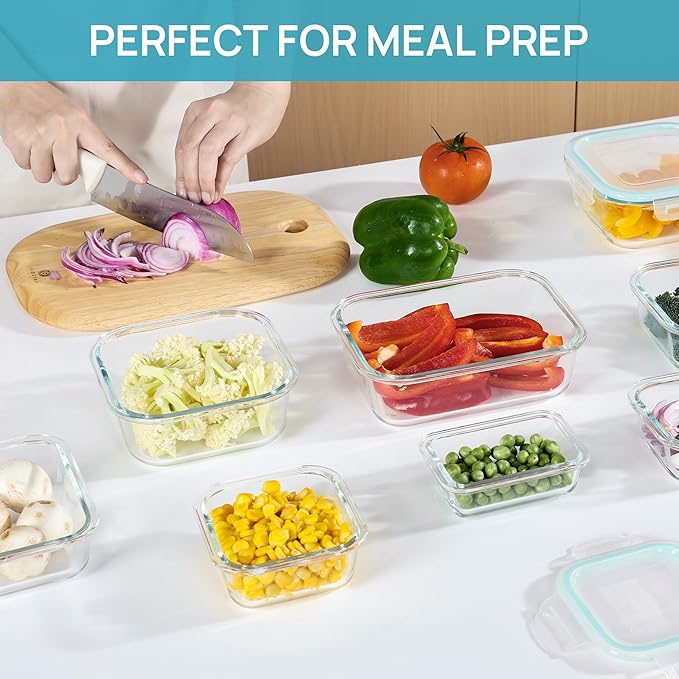 Vtopmart 8 Pack Glass Food Storage Containers with Airtight Lids, Glass Meal Prep Containers, Lunch Office Meal for Microwave, Oven, Freezer and Dishwasher, BPA Free
