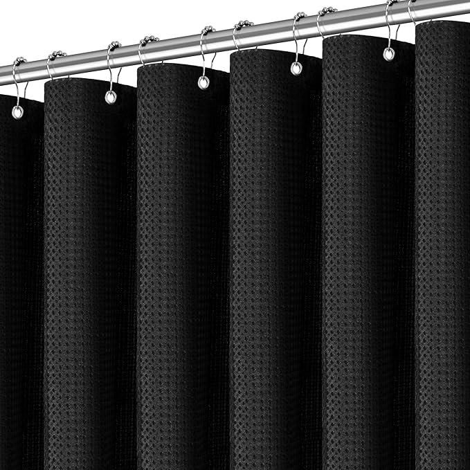 90 inch Long Waffle Textured Fabric Shower Curtains, 256GSM Heavy Duty Weighted Shower Curtain, Hotel Quality Luxury Polyester Bathroom Curtain with 12 Hooks, 72Wx90H