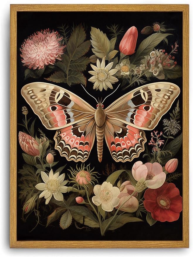 Djmwtb Vintage Framed Wall Art Butterfly Canvas Wall Art Prints Floral Botanical Pictures Flower Painting Wall Decor Artwork for Living Room Bedroom Bathroom Office 16x24in