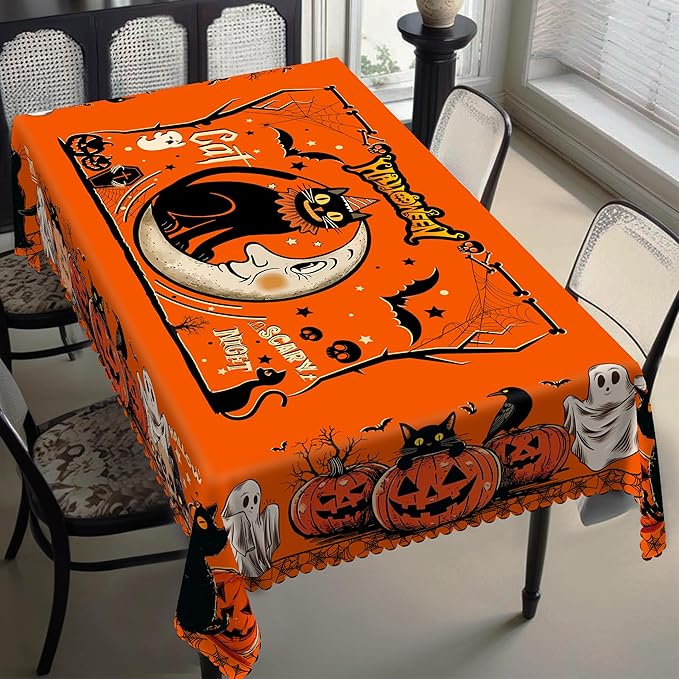 Eikione Rectangular Tablecloth 140x180inch, Halloween Batcat Tablecloth Waterproof and Wrinkle-Free, Table Covers, Summer Decorations for Home Dining