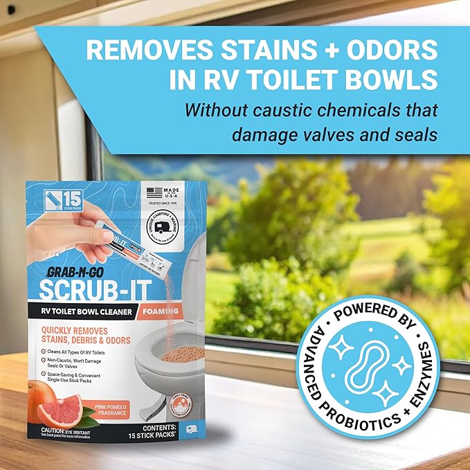 Unique Scrub-It Foaming RV Toilet Cleaner - Pink Pomelo Scent, 15 Count Stick Packs, Premeasured, No-Mess, Grab-N-Go Powder Removes Stains from RV Toilet Bowls, Helps Lubricate Valves and Seals