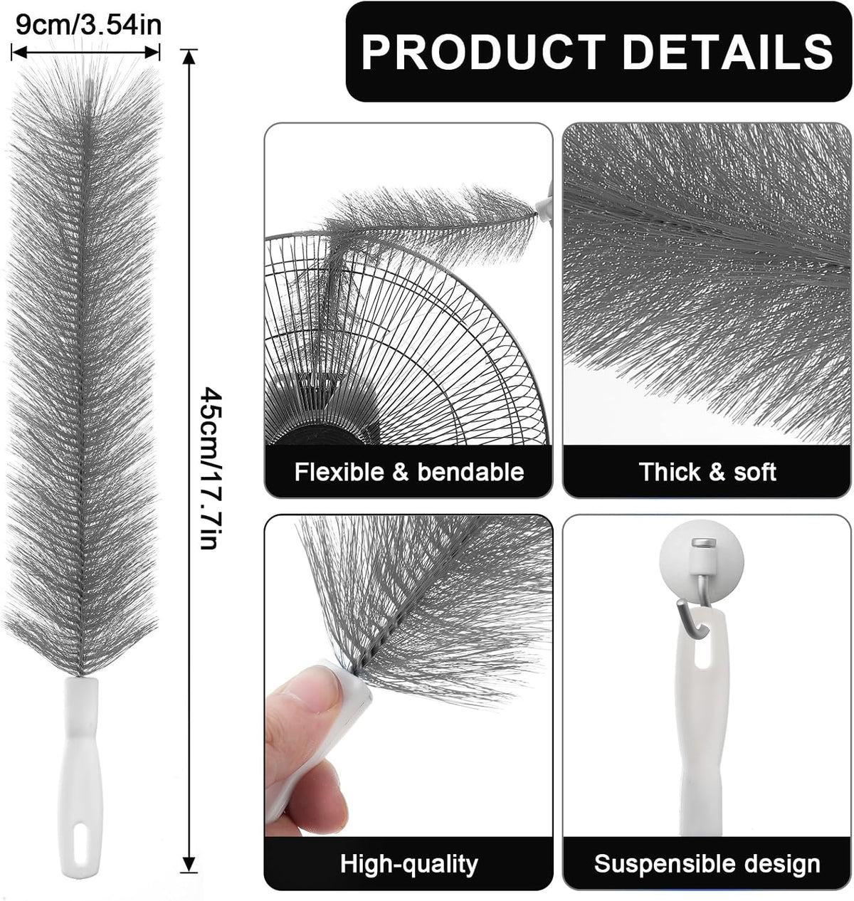 2 Pcs Fan Cleaner Brushes, Bendable Fan Cleaning Brush Cobweb Duster Set Microfiber Head Washable Brush for Ceiling Fan Air Vents Curtains Cars Box Fan(Grey)