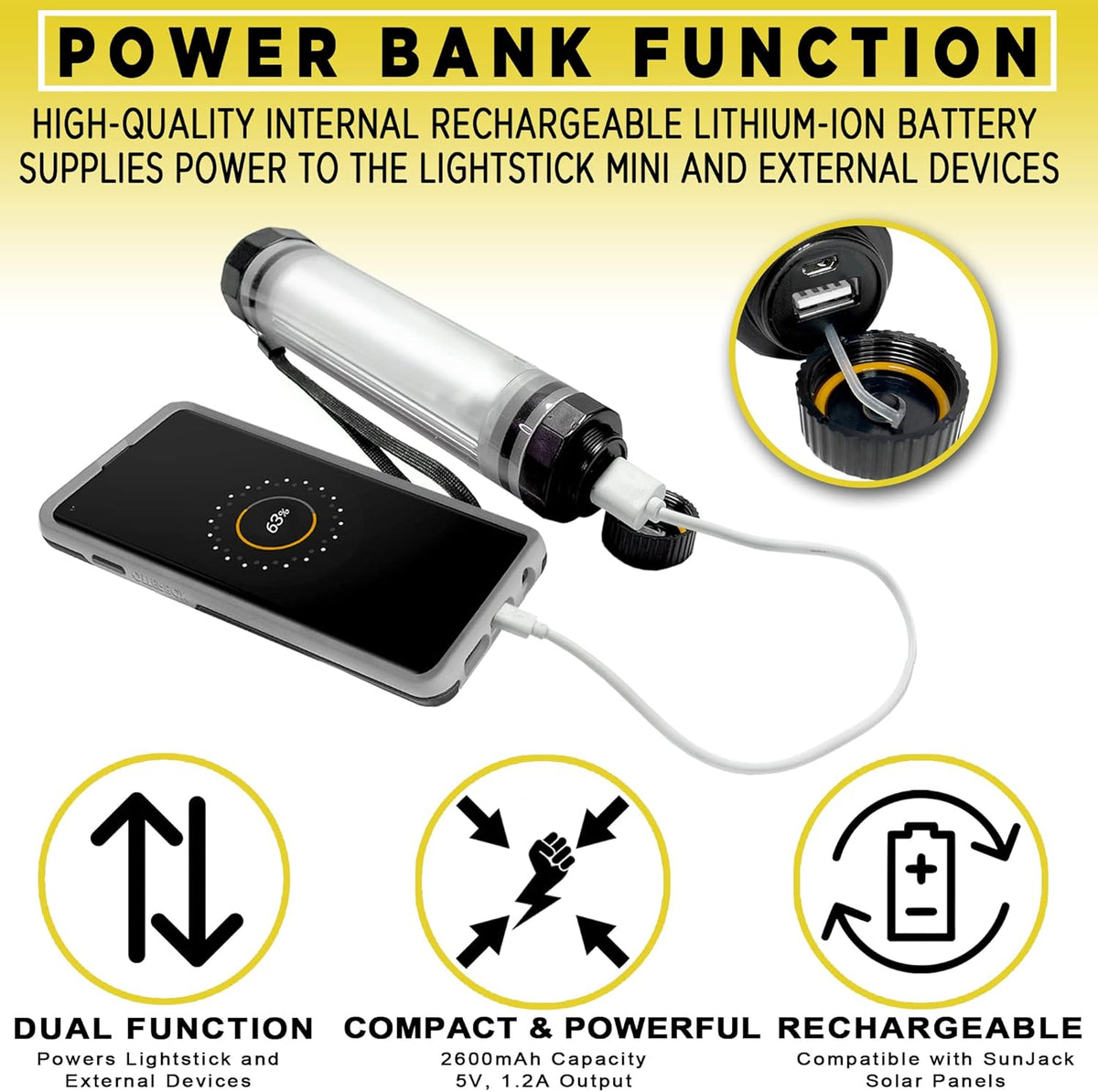SunJack LightStick Camplight - Waterproof Rechargeable LED Lantern & Power Bank for Camping, Hiking, Boating, and Emergency Use