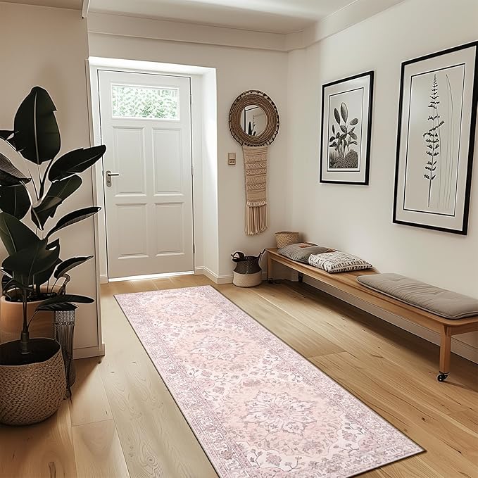 Area Rugs 2'x8' Runner Rug Non Slip Washable for Kitchen Hallway Bedroom Beside Laundry Room Bathroom Rug, Floor Carpet, Pink Greypink Cute