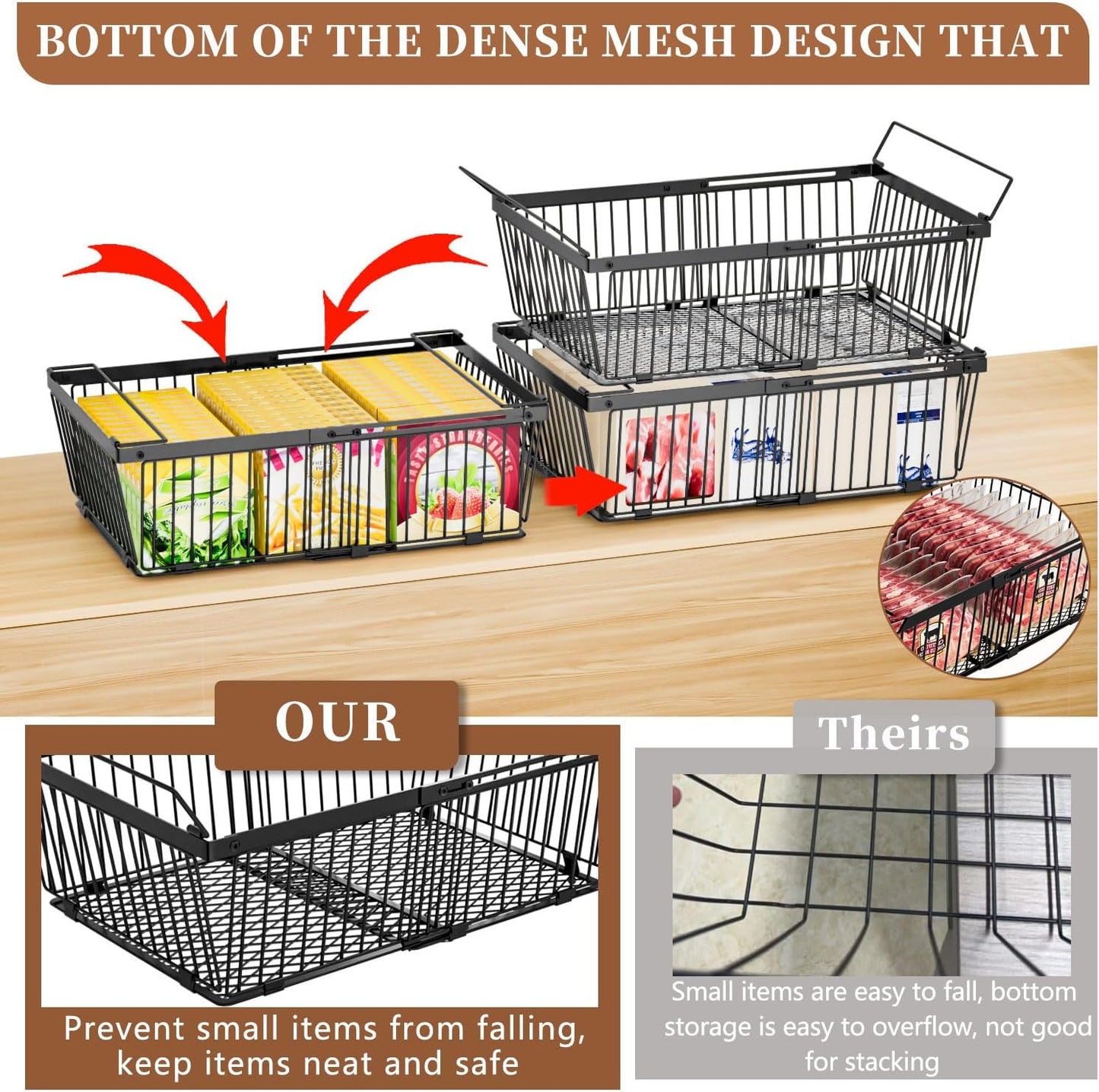 Large Freezer Organizer Bins，Upgraded Bottom Leak-Proof net，Fit 10 to 20 Cu Ft Chest Freezer，3 Pack， Expandable Stackable Chest Freezer Containers with Handle(Black-3Pack)