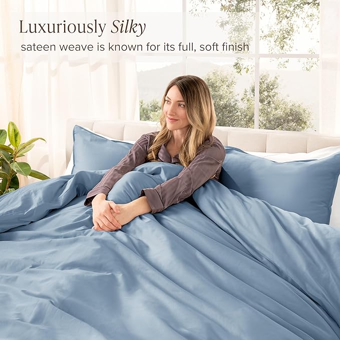 Bare Home 100% Organic Cotton Sateen Duvet Cover Set - Twin/Twin Extra Long - 400 Thread Count - Smooth Sateen Weave - Warm & Luxurious - Duvet Cover (Twin/Twin XL, Dusty Blue)