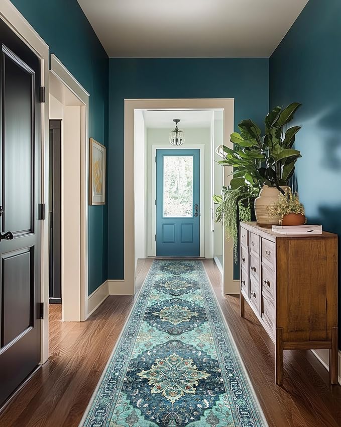 Area Rugs 2'x10' Runner Rug Non Slip Washable for Kitchen Hallway Bedroom Beside Laundry Room Bathroom Rug, Floor Carpet, Teal Green Lake Blue Turquoise