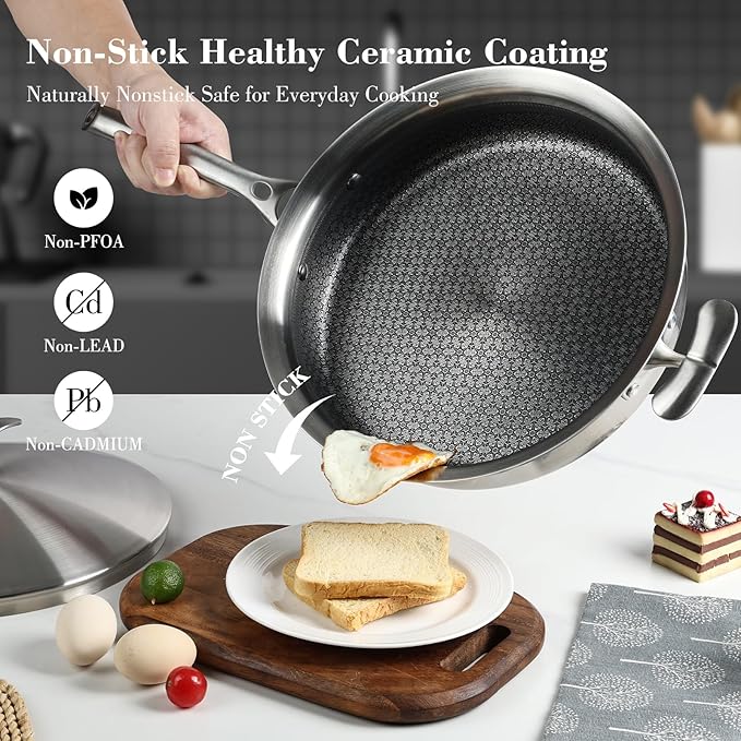 12 Inch Frying Pan with Lid Saute Pan 5.2 QT Deep skillet for Stir-Fry & Searing, Tri-ply Stainless Steel Nonstick Non Toxic Non Toxic, PTFE&PFOA Free, Induction, Oven & Dishwasher Safe