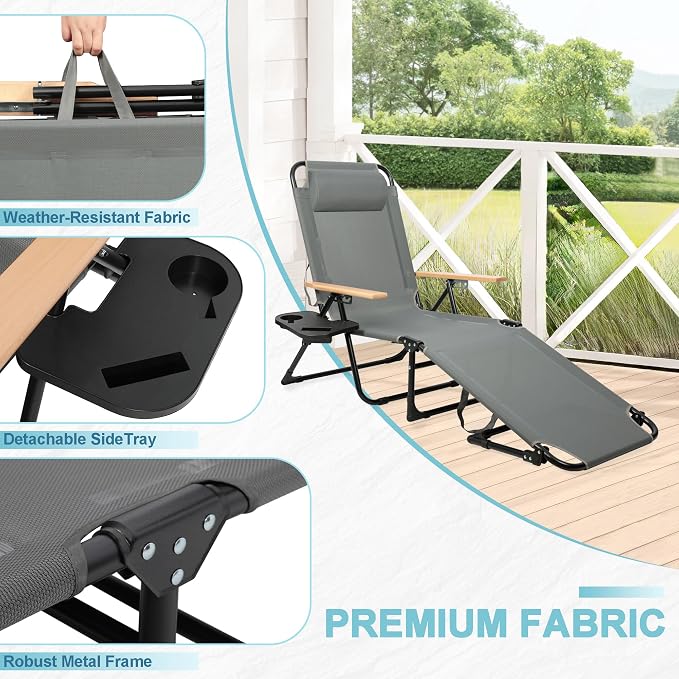 Outdoor Chaise Lounge Chair with 4-Position Adjustable Backrest, Patio Folding Sun Tanning Chair, Pillow & Cup Holder, Portable Recliner Sunbathing Lounger Chairs for Pool Beach Lawn Garden (Grey)