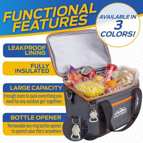 Collapsible Insulated Cooler Bag – 6L Thermal Lunch Bag with Bottle Opener, 16 Can Capacity – Perfect For Camping, Picnics and Travel - Handles and Removable Shoulder Strap - By Outrav