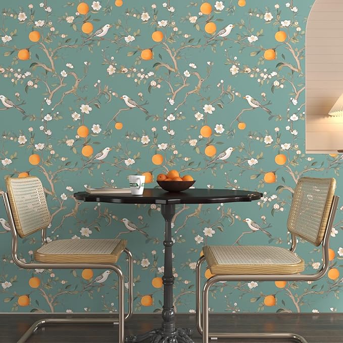 Green Floral Wallpaper Peel and Stick, Birds Contact Paper Orange Fruits