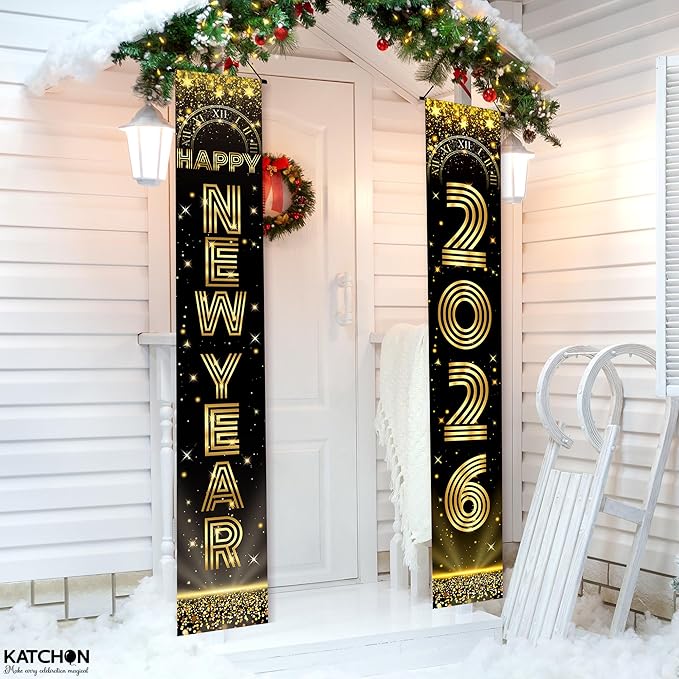 KatchOn, Large Happy New Years Door Banner 2026-72x12 Inch | Black and Gold Hanging Porch Sign | Happy New Year 2026 Banner | New Years Eve Party Supplies for Outdoor, Indoor | Home Wall Decor