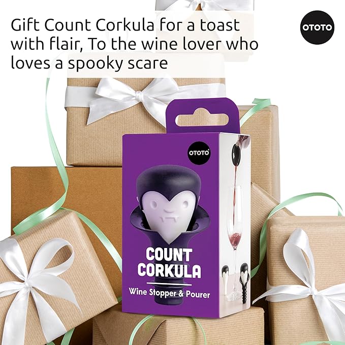 OTOTO Wine Stoppers & Pourer - Halloween Gifts for Wine Lovers, Spooky Wine Bottle Stopper, Wine Goth Accessories, Fun Kitchen Gadgets (Count Corkula)