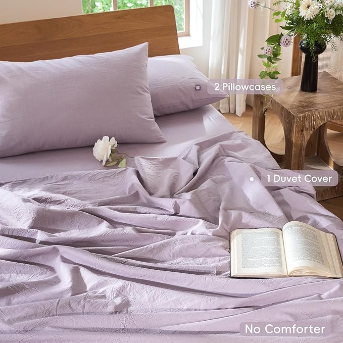 MooMee Bedding Duvet Cover Set 100% Washed Cotton Linen Like Textured Breathable Durable Soft Comfy (Heathered Light Purple, Queen 90"x90")