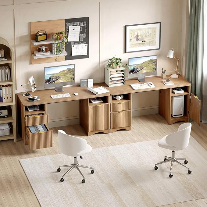 Bestier 59 inch Office Desk with 2 Drawer, Computer Desk with File Cabinet & 2 Open Storage, Modern Fluted Wood Desk for Home Office Bedroom Study, Natual Oak