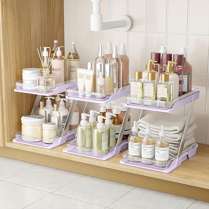 3 Pack Bathroom Organizers and Storage - Multi-Purpose,2-Tier Clear Pull Out Organization for Bathroom,Under Sink,Kitchen,Vanity,Countertop,Cabinet,Pantry & Medicine Cabinet,Pink