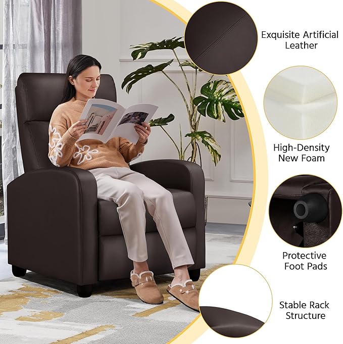 Yaheetech Recliner Chair Faux Leather Recliner Sofa Adjustable Modern Seat Club Chair Home Theater Seating Brown