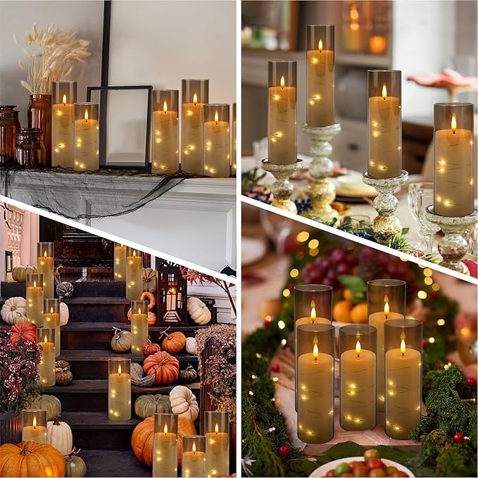 24 Pack Flameless LED Pillar Candles with Remote & Timer, Flickering Battery Operated Candles with Embedded Starry Lights, 3-Sizes Gray Acrylic Decorative Candles for Wedding, Home, Party Decor