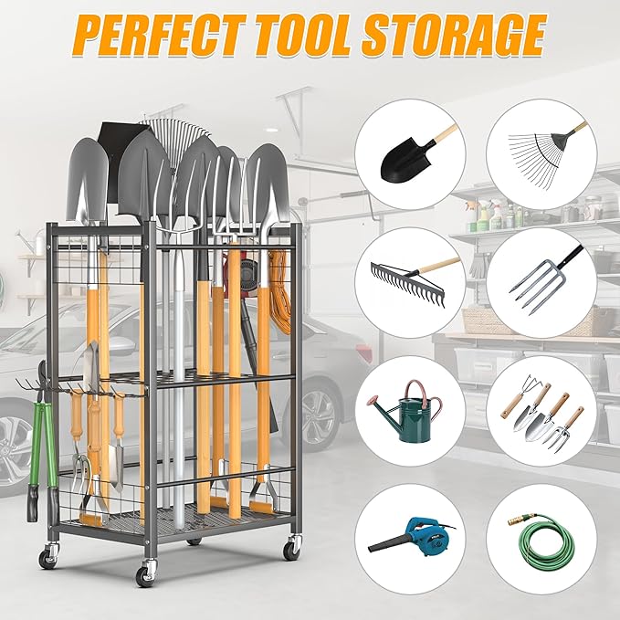 Ultrawall Garden Tool Organizer with Wheels, Yard Tool Storage Stand for Garage, Shed Tool Storage for Rake, Brooms, Tools Rolling Cart Indoor & Outdoor Use