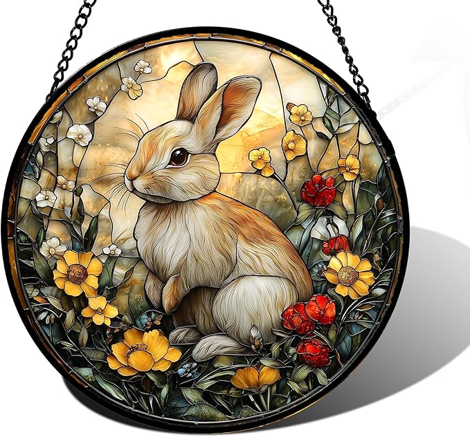 Stained Glass Window Hanging - Rabbit Flowers Suncatcher Ready to Hang Window Doors Home Decoration, Easter, Mother's Day Birthday Gifts for Women, Men, and Mom 9.8x9.8 in