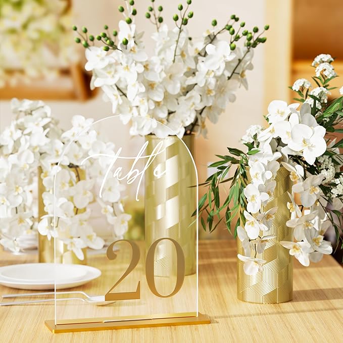 Arch Wedding Table Numbers 1-30 with Stands, Elegant Gold Number 5.5 x 7” Arch Acrylic Signs with Holder, Clear Acrylic Table Numbers for Wedding Reception, Anniversary, Party, Events
