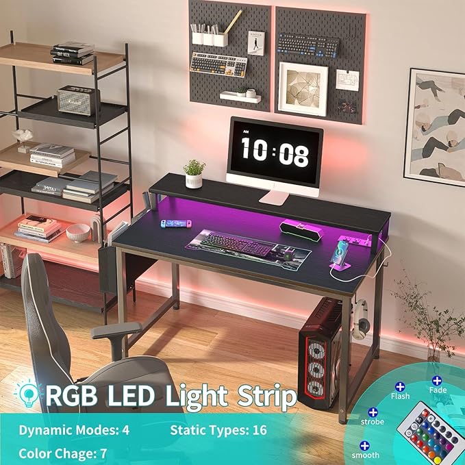 Lufeiya Small Desk with Power Outlets and LED Lights, 32 Inch Teen Writing Study Table Home Office Computer Desks with Monitor Stand, Gaming Desk with Charging Station, Black