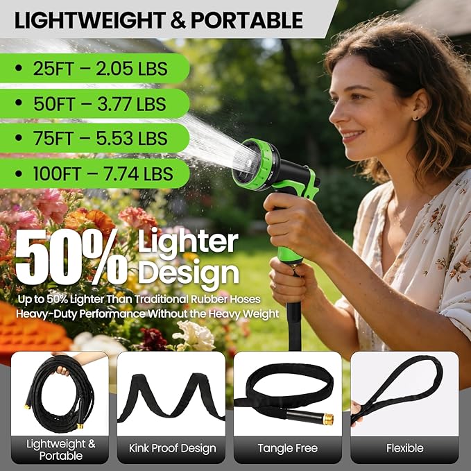 100FT Non-Expandable Garden Hose Lightweight Flexible Water Hose With Sprayer Nozzle High Pressure Kink Resistant & Leakproof Durable Portable For Yard Garden Lawn