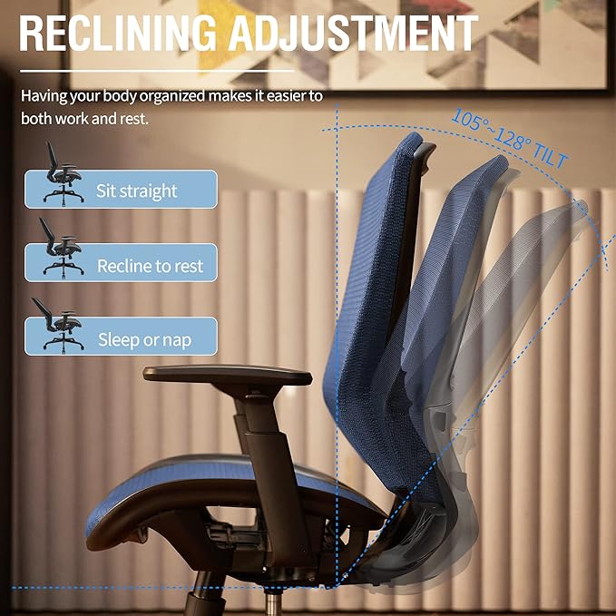 ELABEST Mesh Office Chair,Ergonomic Computer Desk Chair,Sturdy Task Chair- Adjustable Lumbar Support & Armrests,Tilt Function,Comfort Wide Seat,Swivel Home Office Chair (Blue)