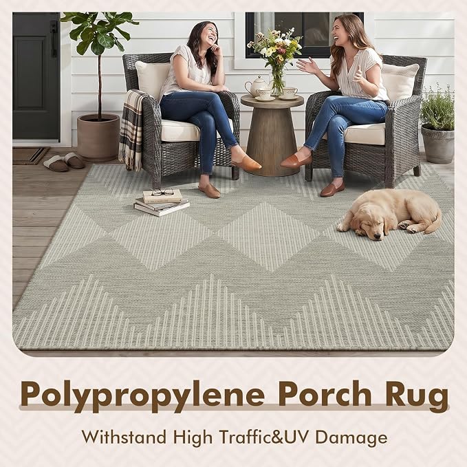 MontVoo-Outdoor Rug Carpet Patio Rug 4x6 ft Polypropylene Indoor Outdoor Rugs for Patio Deck Balcony Porch, Textured Weave, Durable for High Traffic, Fade-Resistant, Boho Geometric Silver Grey