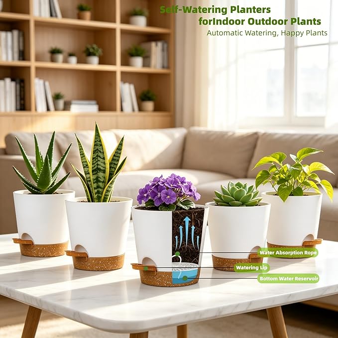 12 Pack 4 Inch African Violet Pots Self Watering, Self-Watering Planters with Drainage Holes & Reservoir, White Brown Plastic Pots for Indoor Outdoor Plants, Succulents & Flowers