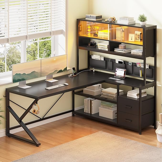 SEDETA L Shaped Gaming Desk, Home Office Computer Desk with 2 Drawer and Bookshelf, L Shaped Gaming Desk with LED Light, Glass Cabinet and Storage Bag, Corner Desk with Storage Shelves, Black