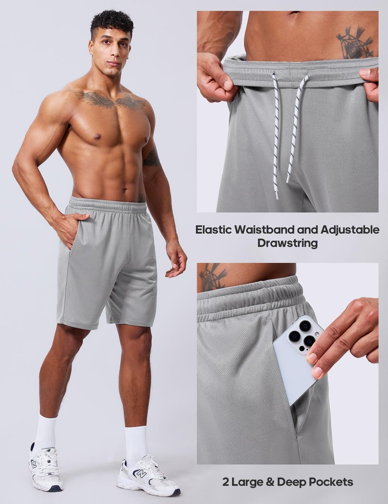 Vlynor Men's Athletic Shorts 9 Inch Inseam - Quick Dry Mesh Basketball Shorts Men, Lightweight Mens Gym Running Shorts with Pockets (Light Grey, Medium)