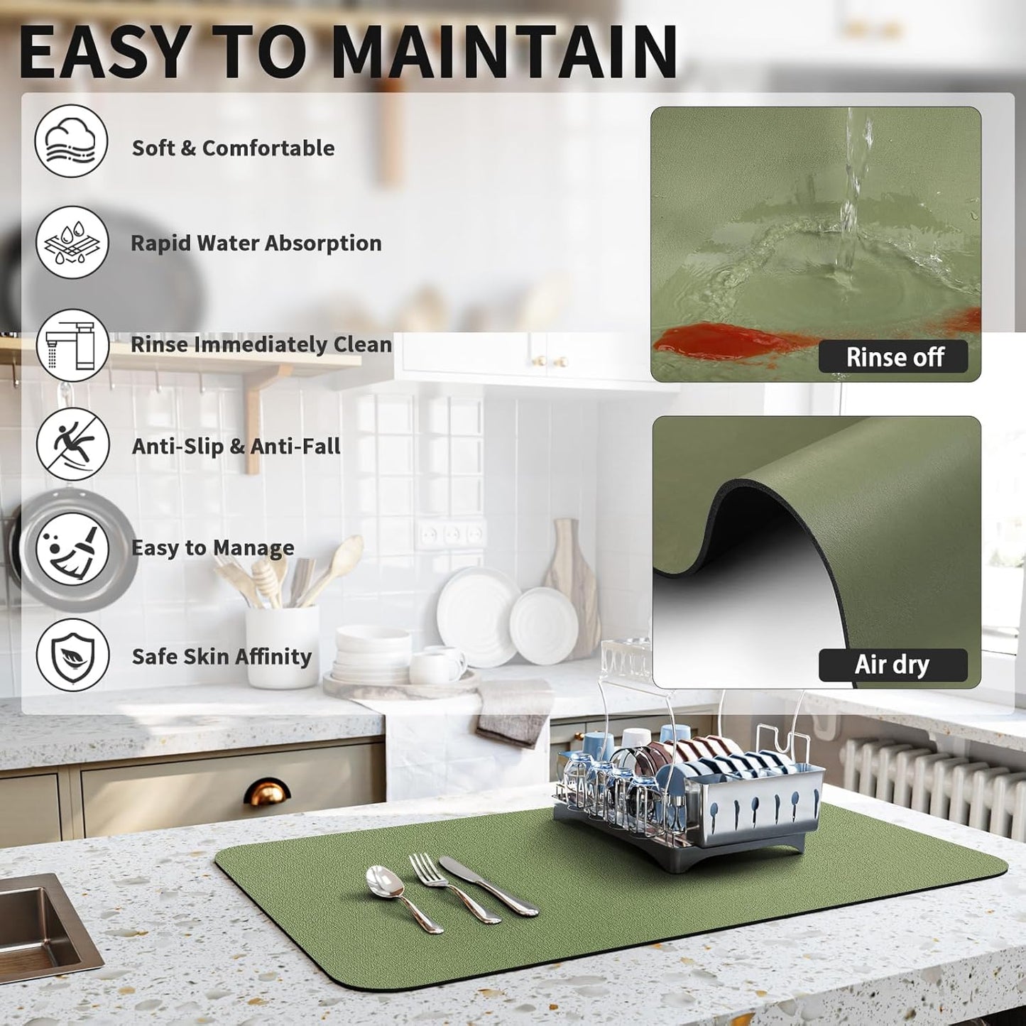 Dish Drying Mat for Kitchen Counter, Heat Resistant Drainer Mats with Non-slip Rubber Backed, Hide Stain Kitchen Super Absorbent Draining Mat, Easy to Clean Dish Rack Pad, Green 18"x32"