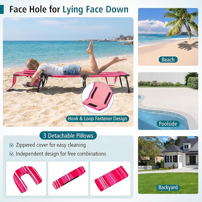 GYMAX Tanning Chair, 330lbs Beach Lounge Chair with Face Hole, Washable Pillow & Carry Strap, Adjustable Folding Chaise Lounge, Layout Lounger for Outside, Patio, Poolside, Lawn (1, Pink Stripe)